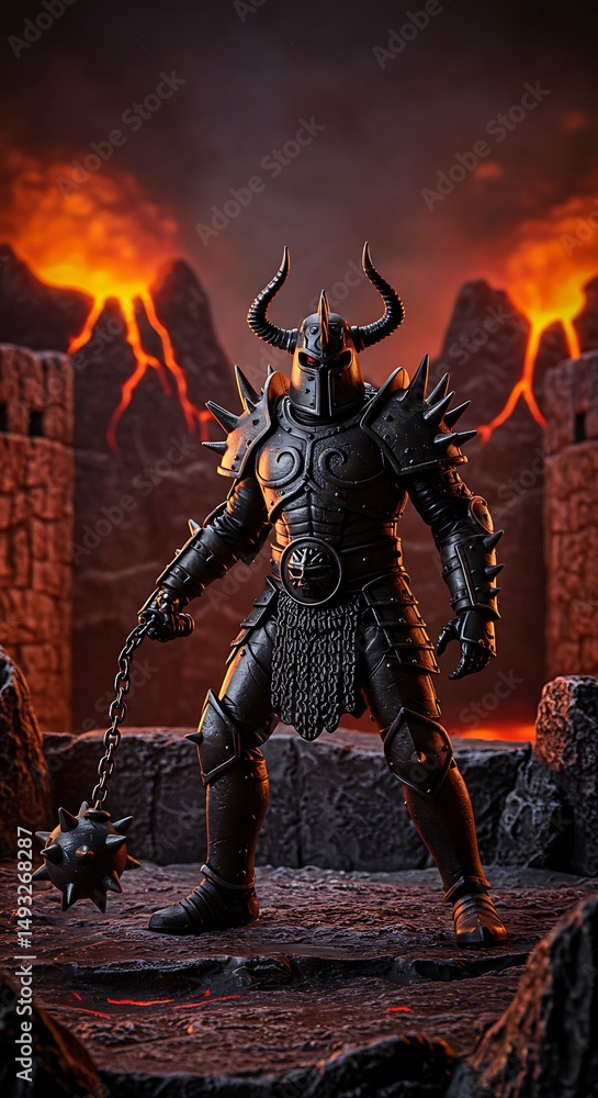 Fototapeta premium Demonic Warrior Figure with Spiked Armor and Horned Helmet in Fiery Volcanic Landscape