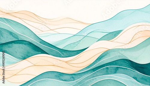 Abstract background topographic lines depth concept. Abstract wavy lines in soothing teal and beige tones.