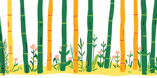 A vibrant illustration of bamboo trees creates a serene and inviting scene of the natural world. The scene radiates a sense of tranquility and appreciation for nature.