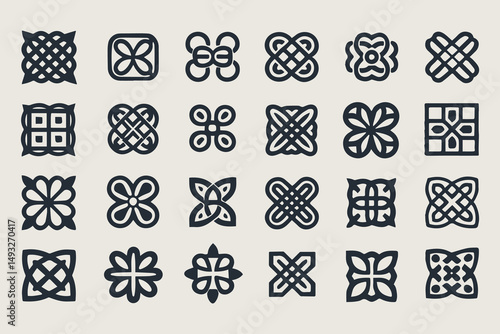Celtic and Tribal Knot Symbols Vector Set. Black Thick-Line Ornaments with Loops, Crosses, Floral and Geometric Motifs Vector Illustration.