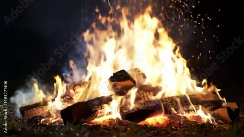 Close-up of campfire at night with burning wood, glowing coals and flying sparks in warm atmospheric fire scene
