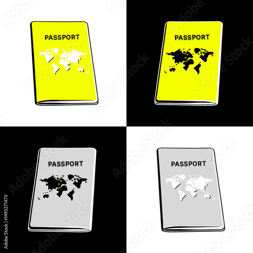 Passport icon in colorful and black&white designs on contrastic background