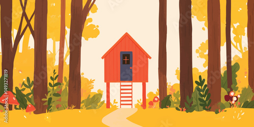 A whimsical red treehouse nestled amidst a vibrant autumn forest.  The house boasts a ladder leading to a blue door, beckoning you to escape and embrace a world of endless possibility.