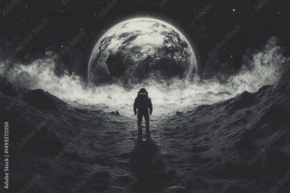 Obraz premium Astronaut on the Moon. View of the Earth. Science Fiction.