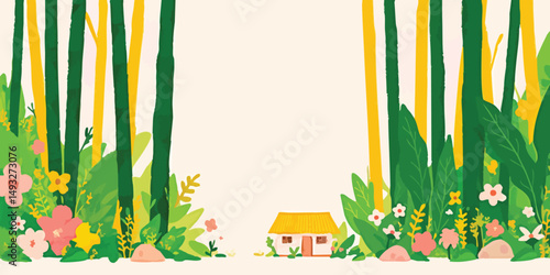 A charming illustration of a tiny house nestled amidst lush foliage and towering trees. The scene offers a glimpse of serene escapism, symbolizing home, nature, and the simplicity of life.