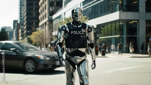 Futuristic humanoid robot officer on street patrol in modern city, advanced AI technology in urban law enforcement
