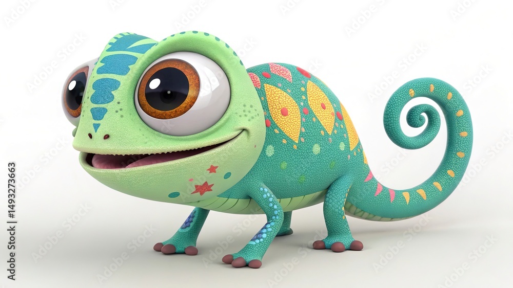 Fototapeta premium Cartoon chameleon with colorful skin on a branch, space below for message.