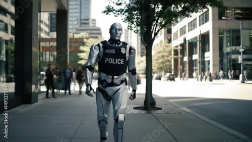 Humanoid police robot patrolling urban streets, futuristic law enforcement and artificial intelligence in public safety
