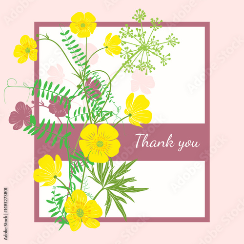 
Vector thank you card with a variety of wild flowers. Floral background, greeting card.