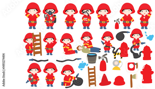 Set of coloring book for preschool kids. fire fighter cartoon character with element stock design. line, cartoon, flat design, 