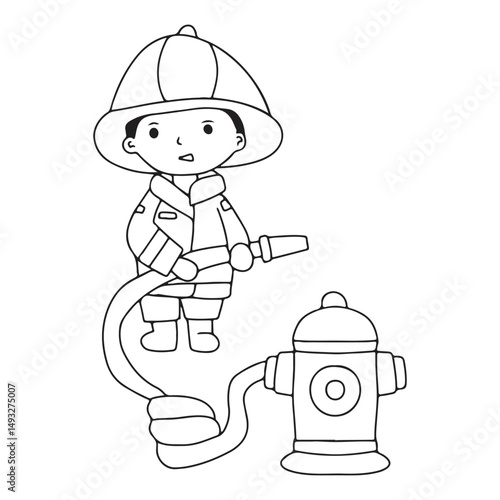 Line handrwan black and white coloring book. Kids wearing fire fighter doodles element