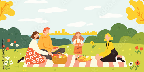 Family gathering enjoying a picnic in a park, a vibrant and cheerful scene filled with happiness and togetherness.