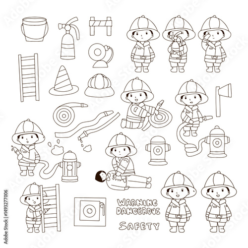 Set of coloring book for preschool kids. fire fighter cartoon character with element stock design. line, cartoon, flat design, 
