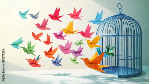An illustration of colorful paper birds flying from a broken cage, symbolizing freedom from past trauma