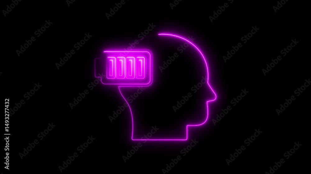 Neon illustration of a human head symbol with charging battery level icon Neon illustration of a human head symbol with charging battery level icon