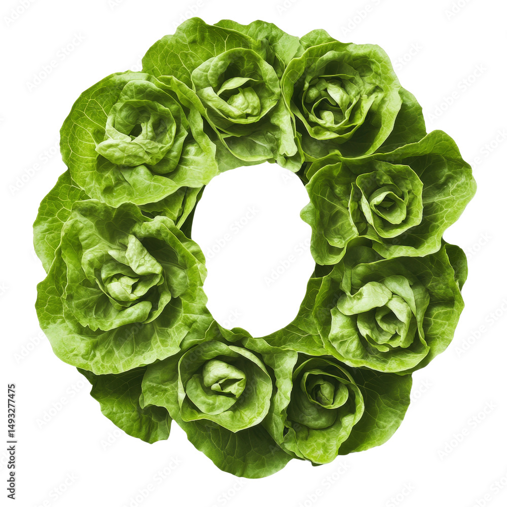 Obraz premium Fresh green lettuce leaves arranged in a circular pattern forming a wreath isolated on white background