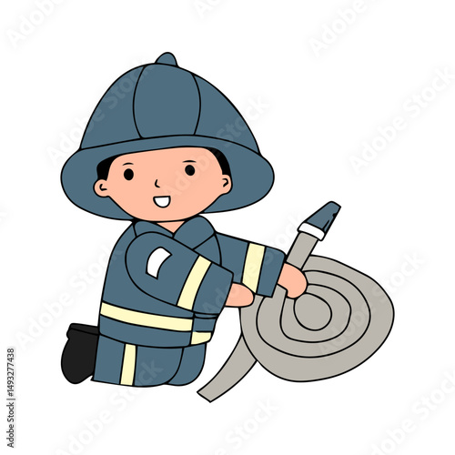 illustration of firefighter carrying a roll of water hose and many poses