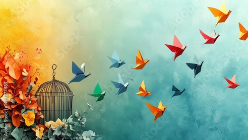 An illustration of colorful paper birds flying from a broken cage, symbolizing freedom from past trauma