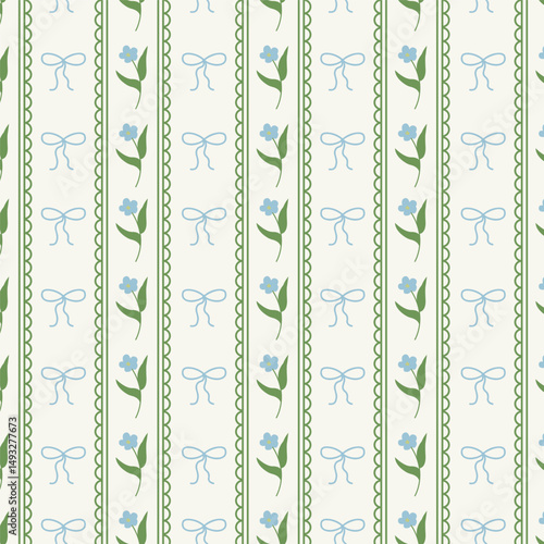 Floral seamless pattern with hand drawn bow, wavy stripes and garden flowers. Summer cottage core print design for fabric, wrapping paper, prints, artworks.