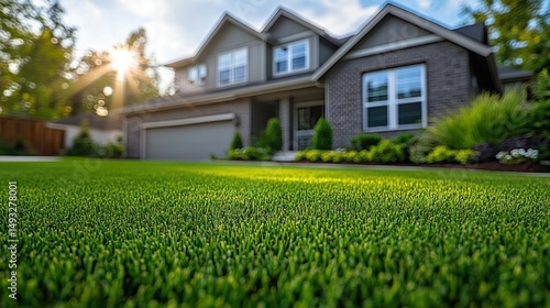 Homefront, lush lawn,  sunlit facade