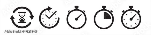 Time and Clock line icon set. Included Clock, Stopwatch, Timer vector icon collection,  watch icon, black clock sign collection, Victor illustration Eps 10.