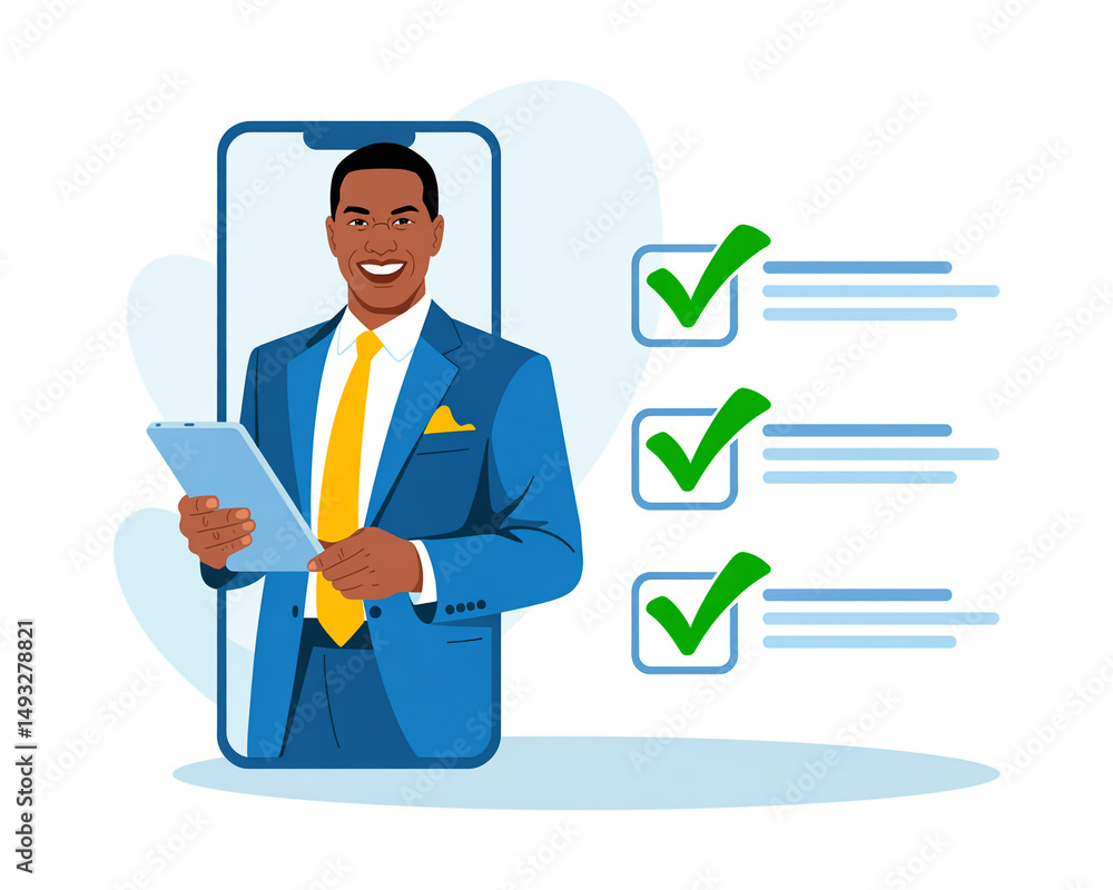 Successful businessman on smartphone screen completing tasks checklist Successful businessman on smartphone screen completing tasks checklist