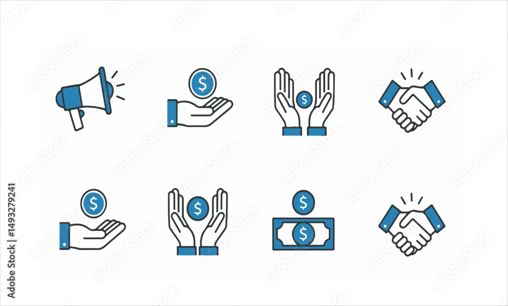 Business marketing icon set. Containing agreement, donation, handshake, partnership, money, social media, megaphone, sponsor, purchase, Vector illustration Business marketing icon set. Containing agreement, donation, handshake, partnership, money, social media, megaphone, sponsor, purchase, Vector illustration
