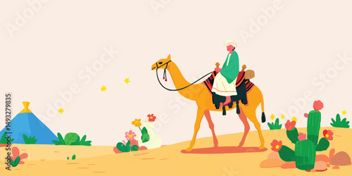 A serene illustration shows an elderly man elegantly riding a camel across a picturesque desert landscape, depicting the timeless journey and the allure of the desert life.