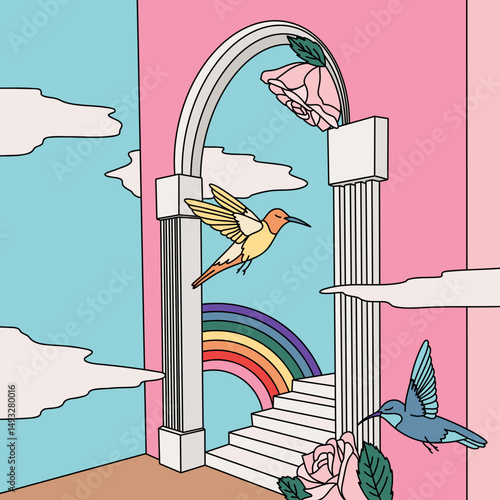Magical Dreamy Haven Garden with Rainbow, Pink Arches, Colorful Flying Hummingbirds and Roses in a Clear Blue Sky Background