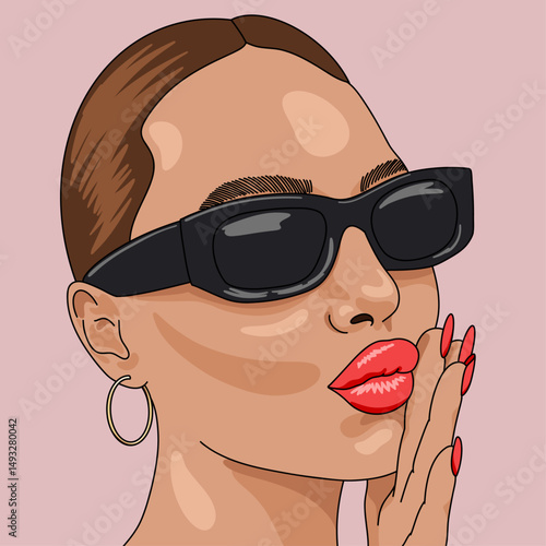 Brunette Woman with Long Red Nails, Red Lips, Sunglasses, Sleek Hair and Hoop Earrings