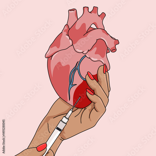 Woman's Hand Holding a Heart and Injecting Medicine Illustration