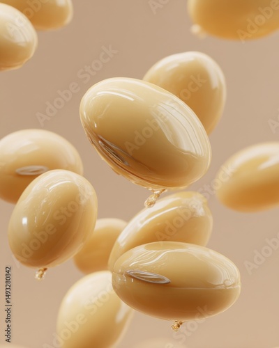 Floating Soybeans Close Up Studio Shot Beige Background Vegan Protein Source Healthy Food Ingredient Macro