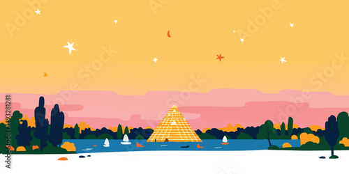 An enchanting and minimalist illustration of a tranquil lakeside landscape at dusk. The image features a pyramid structure, boats sailing on the water, and trees silhouetted against a gradient sky.