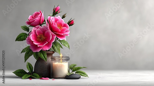 Wallpaper Mural A flat lay of pink roses arranged around glass aroma candle jars, set on a minimalist white background with delicate lighting. Torontodigital.ca