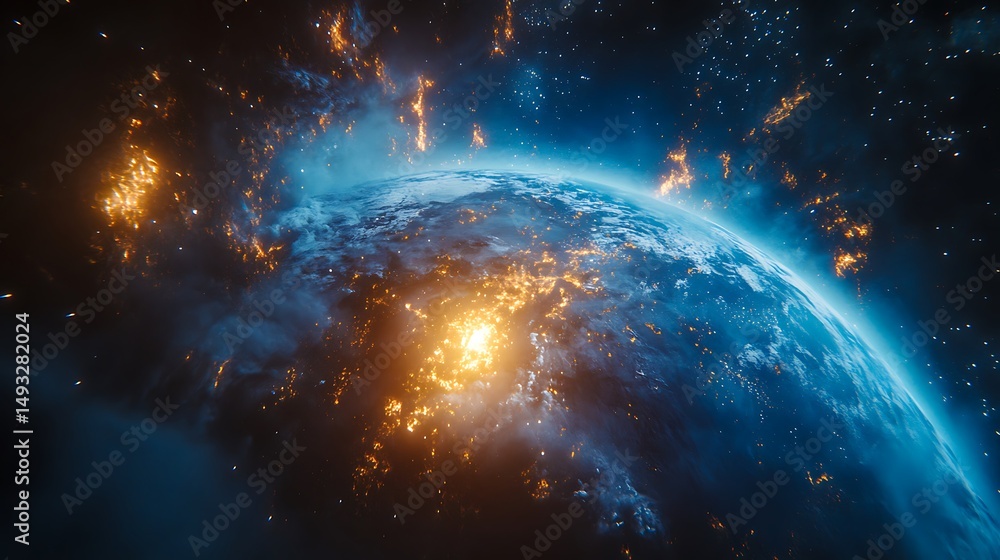 Fototapeta premium Glowing Blue and Orange Planet in Deep Space Surrounded by Stars and Nebulae in Cosmic Scene 