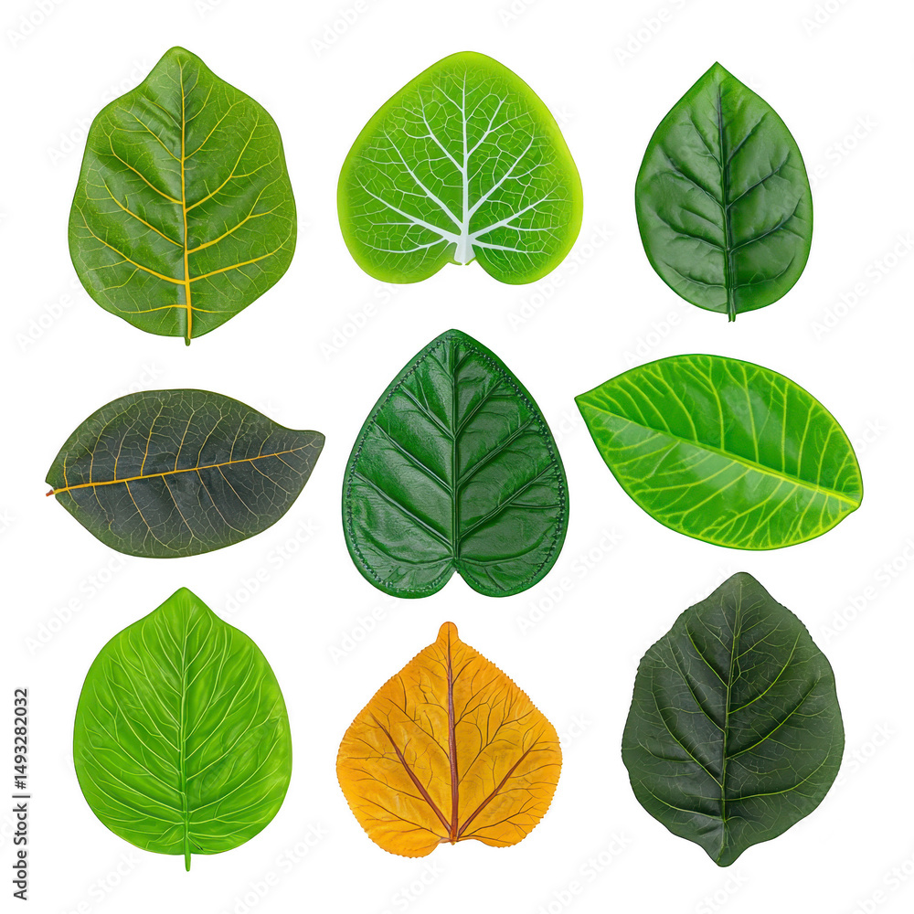 Obraz premium Collection of nine vibrant leaves showcases various shapes and shades of green and yellow, highlighting nature diversity and beauty. Each leaf displays unique vein patterns and textures