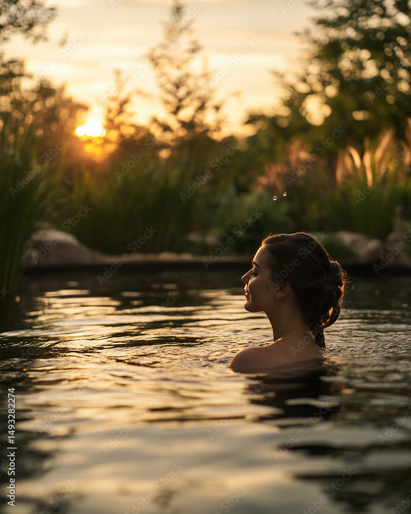 Fototapeta premium Sunset silhouette of a person enjoying a tranquil moment in a serene outdoor pool surrounded by nature and vibrant trees