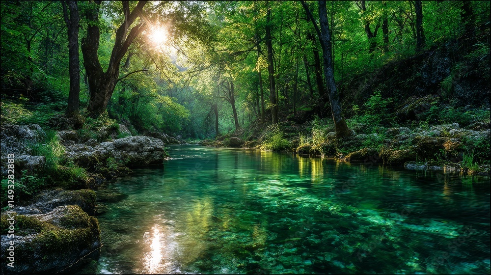 Obraz premium Serene river flowing through lush green forest nature scene tranquil environment aerial view