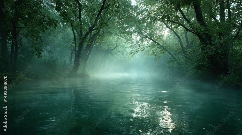 Fototapeta premium Serene river flowing through lush forest natural beauty misty environment tranquil viewpoint