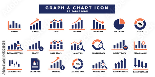 Graph and Chart icon set. Containing data, increase, growth, pie chart, analytics, business, and more. Solid Editable icons collection.
