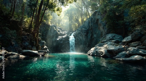 Serene waterfall amidst lush forest nature's tranquility river oasis peaceful environment natural beauty