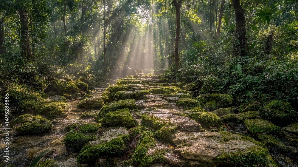 Fototapeta premium Serene natural river flowing through lush forest capturing tranquil nature scenes vibrant trees and mossy rocks