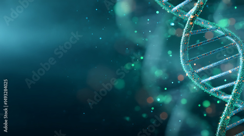 Abstract DNA spiral with glowing green and blue lines on a dark gradient background. 3D Rendering 35324025 4