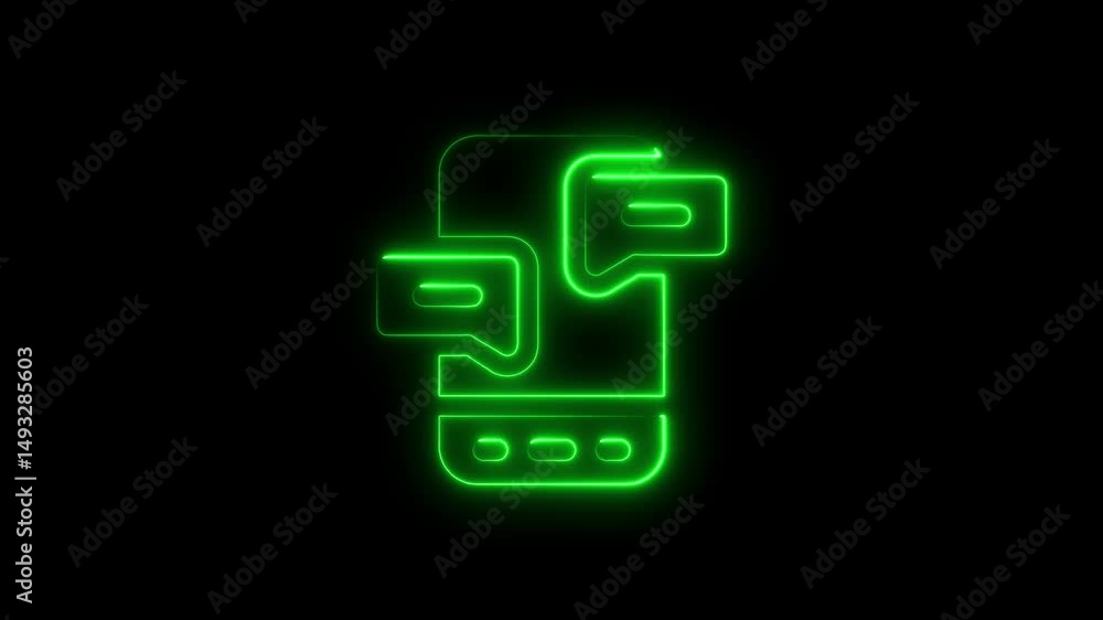 Neon green smartphone displaying message bubbles communicating information on black background Neon green smartphone displaying message bubbles communicating information on black background