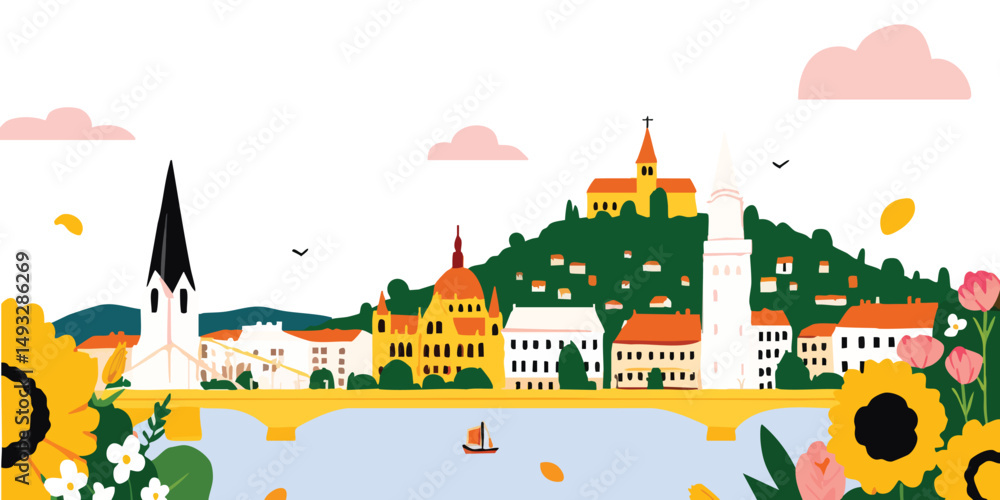 Fototapeta premium A stylized city scene, illustrating architectural wonders with nature. capturing the blend of urban and natural elements in vibrant art.