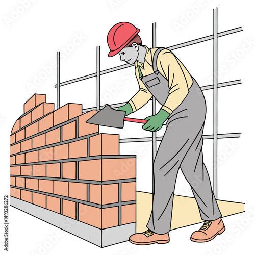 Bricklaying Worker with Trowel Professional Construction Scene Vector 05