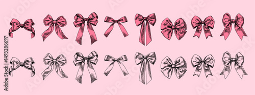 Hand drawn whimsical vintage vector coquette bows. Rococo retro illustration set of ribbons