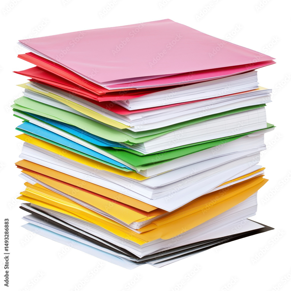 Stack of colorful folders and papers is neatly arranged, showcasing variety of vibrant colors including red, green, blue, yellow, and pink. image conveys organization and productivity Stack of colorful folders and papers is neatly arranged, showcasing variety of vibrant colors including red, green, blue, yellow, and pink. image conveys organization and productivity