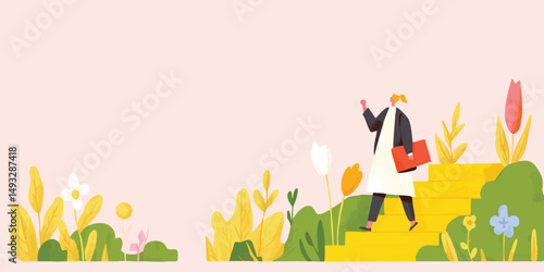 An elegant individual confidently strides forward toward growth, clutching a briefcase, and ascending symbolic stairs. The scene captures a moment of aspiration in a modern design.