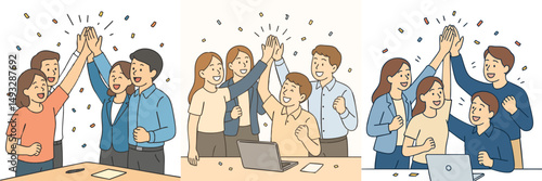 Collection of business team celebrating achievement by high five together (wearing casual office wear) vector flat design style